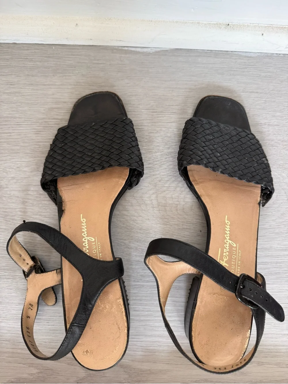Salvatore Ferragamo Black Woven Leather Sandals